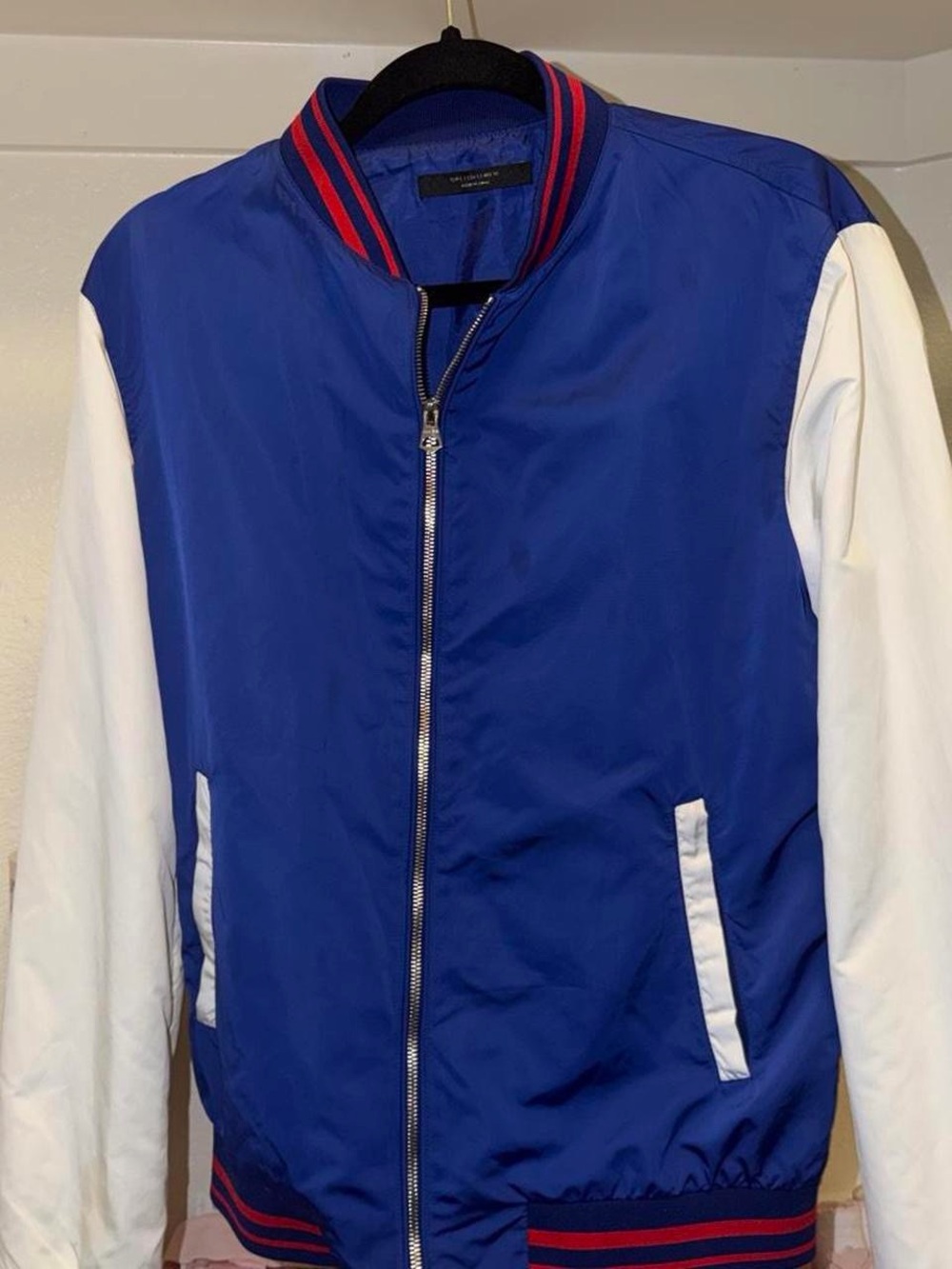 Men's Blue and White Bomber Jacket with Red Trim
